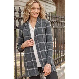 NWT J. Jill Wearever Windowpane Sweater Jacket Gray W/White Knit Women's Size S